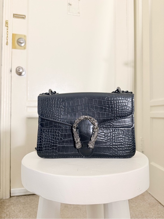Handbags - Black Croc-Embossed Leather Shoulder Bag with Silver Horsebit Accent